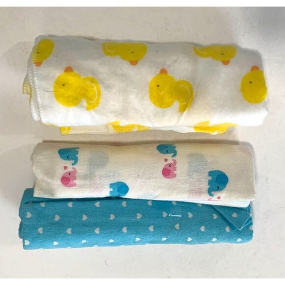 Lot of 3 Receiving Blanket Rubber duckie Elephants Hearts Yellow Blue Pink Unise - Picture 1 of 4